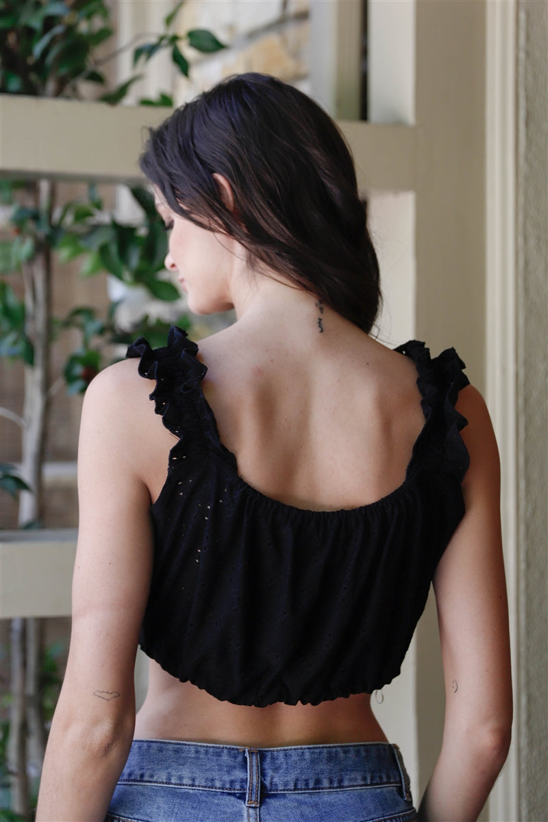 Embroidered Ruffle Trim Strap Sleeveless Black Crop Top Shirts & Tops jehouze