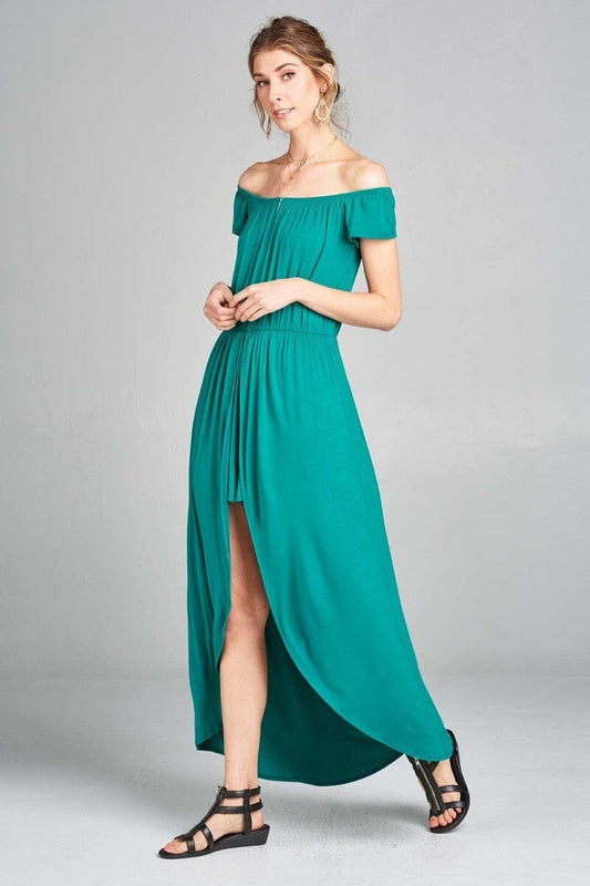 Emerald Green Off Shoulder Solid Split maxi Romper Dress Jumpsuits & Rompers jehouze