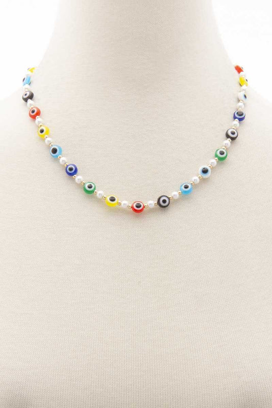 Evil Eye Pearl Bead Necklace Necklaces jehouze