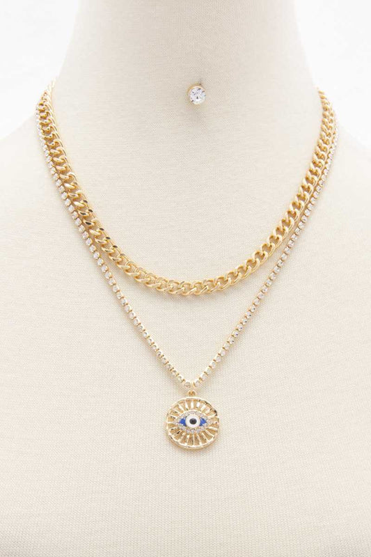 Eye Charm Rhinestone Layered Necklace Necklaces jehouze