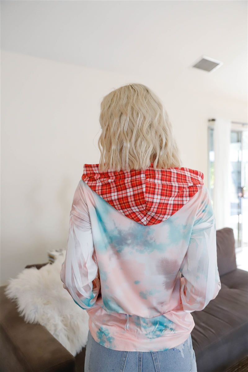 Feather & Tie-dye Print Contrast Plaid Hood Sweater Shirts & Tops jehouze
