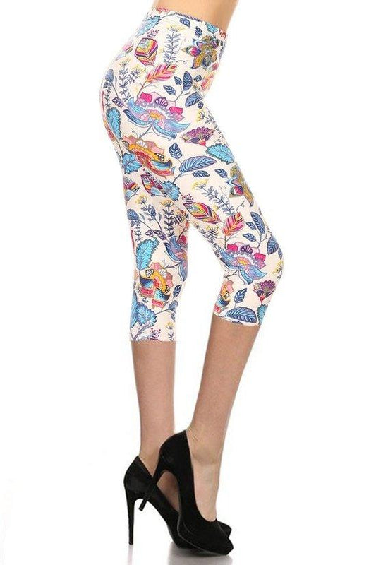 Floral Printed Lined Knit Capri Legging With Elastic Waistband Women's Clothing jehouze 