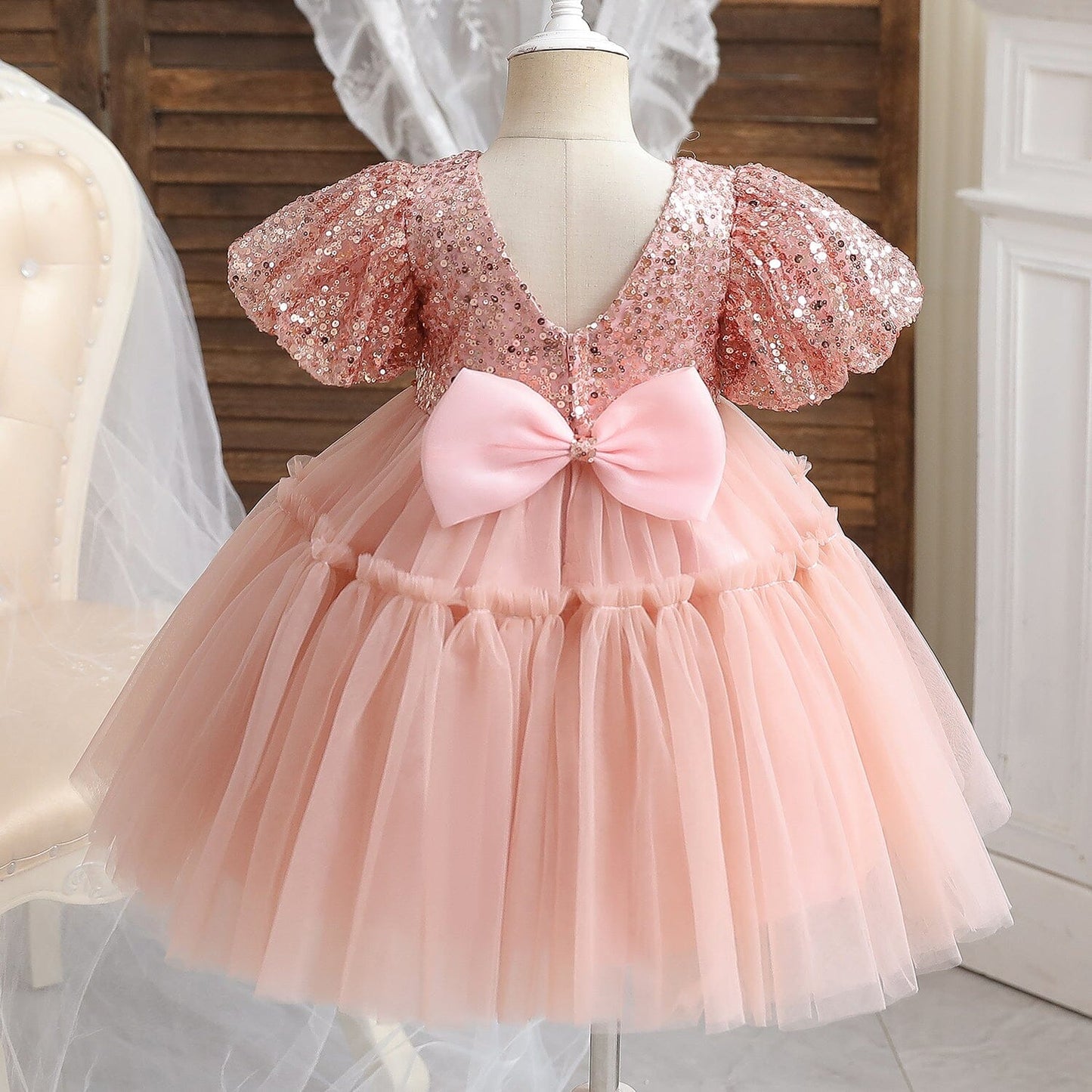 Girls Children Baby Toddler Short Puff Sleeve Sequin Ball Gown Flower Tulle Mesh Dress Baby & Toddler Dresses jehouze 