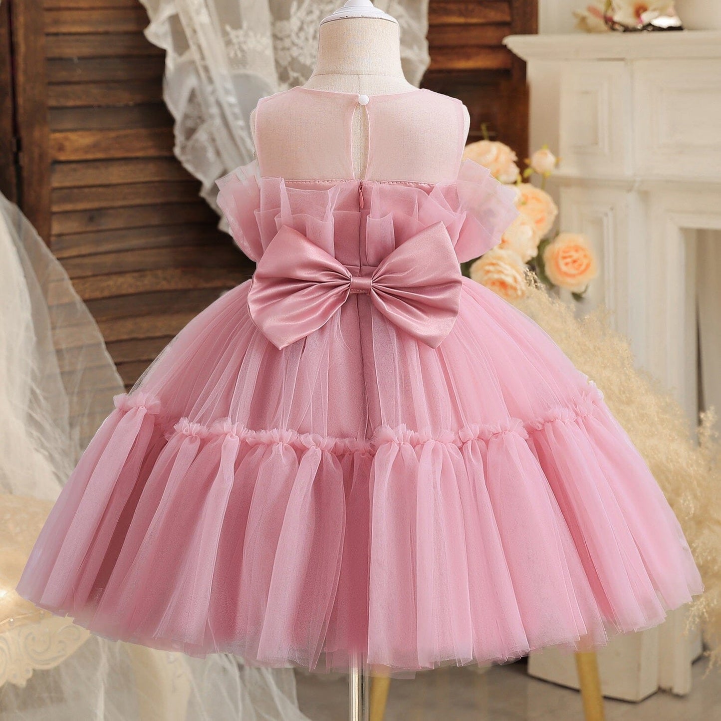 Girls Children Toddler Ruffle Sleeveless Big Bow Princess Tulle Sundress girls dress jehouze Pink 766 6M 