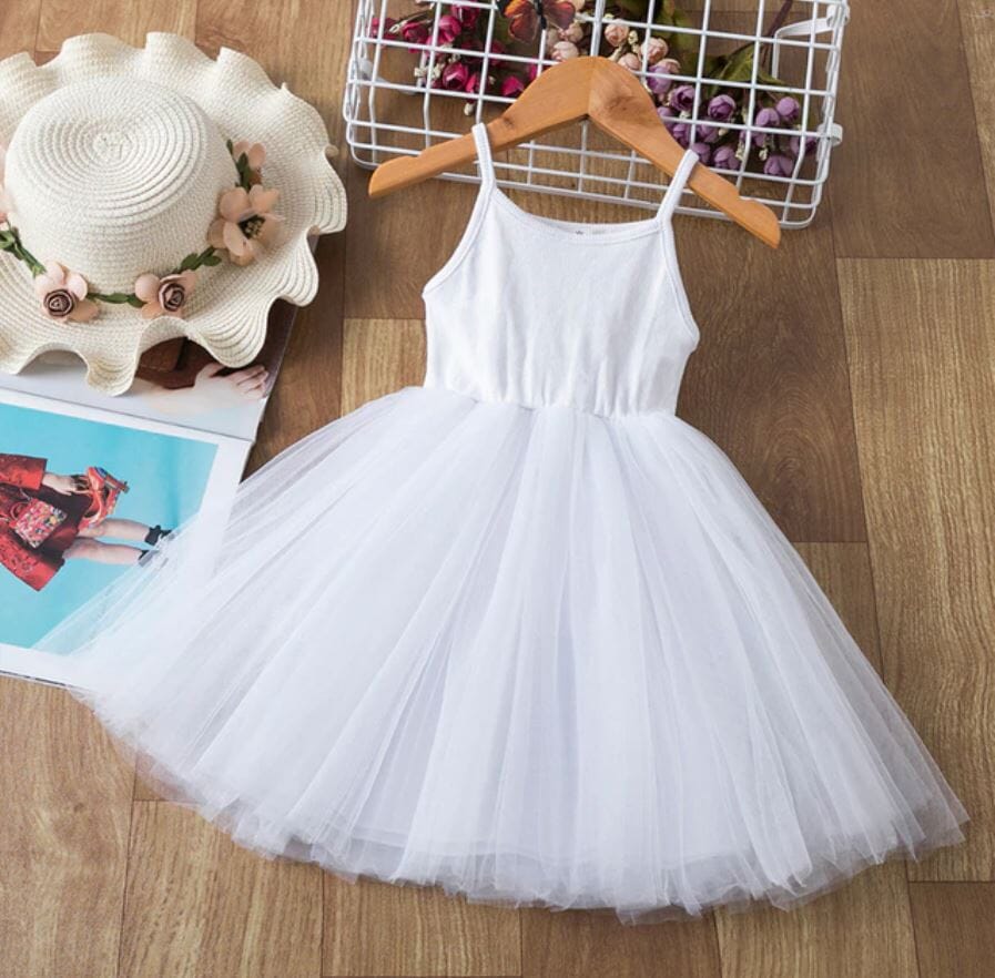 Girls Children Toddler Spaghetti Strap Sleeveless Princess Tulle Sundress_ girls dress jehouze White 3T 