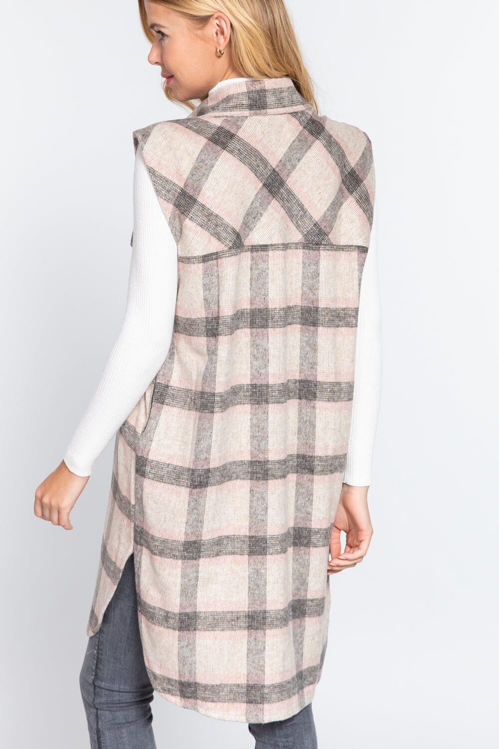 Grey Pink Sleeveless Plaid Button Down Collar Front Pocket Long Vest Coats & Jackets jehouze
