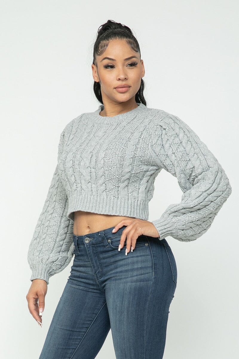 Heather Grey Cropped Long Sleeve Cable Pullover Sweater Top jehouze