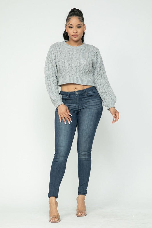 Heather Grey Cropped Long Sleeve Cable Pullover Sweater Top jehouze