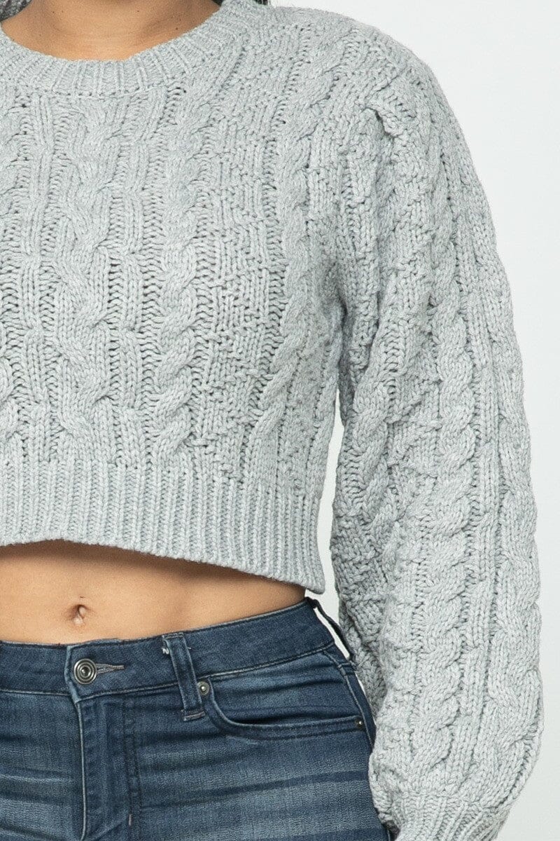 Heather Grey Cropped Long Sleeve Cable Pullover Sweater Top jehouze
