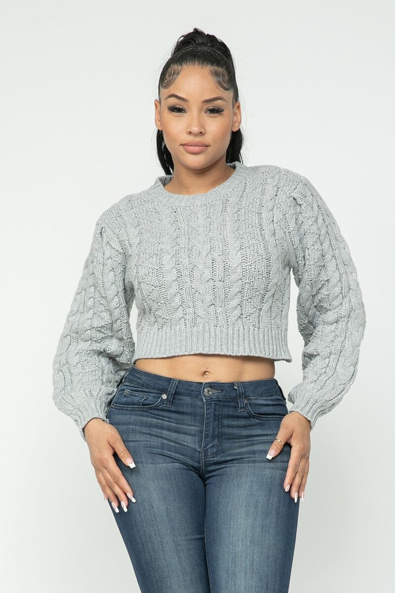 Heather Grey Cropped Long Sleeve Cable Pullover Sweater Top jehouze