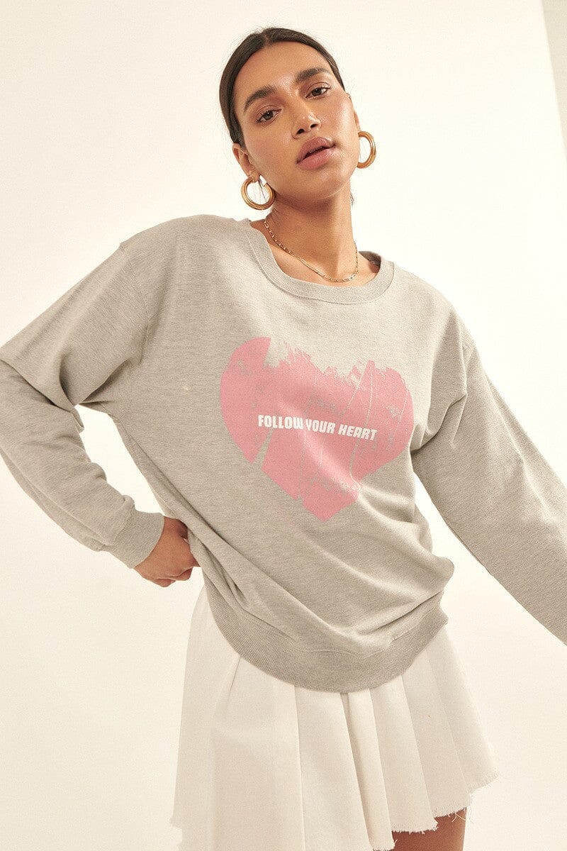 Heather Grey Vintage-style Heart Graphic Print French Terry Knit Sweatshirt Shirts & Tops jehouze