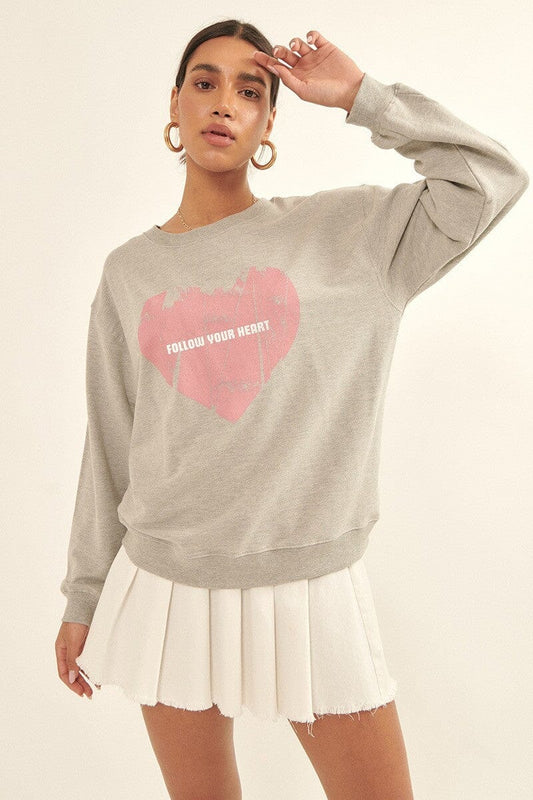 Heather Grey Vintage-style Heart Graphic Print French Terry Knit Sweatshirt Shirts & Tops jehouze