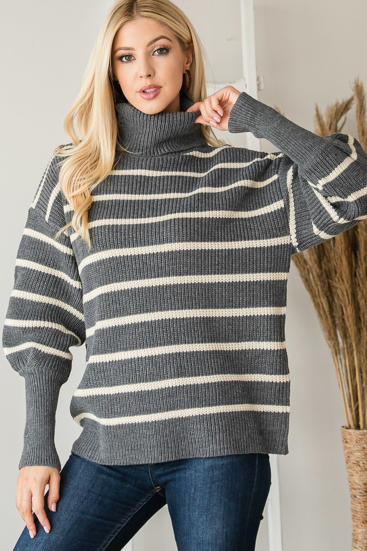 Heavy Knit Striped Turtle Neck Knit Sweater Shirts & Tops jehouze