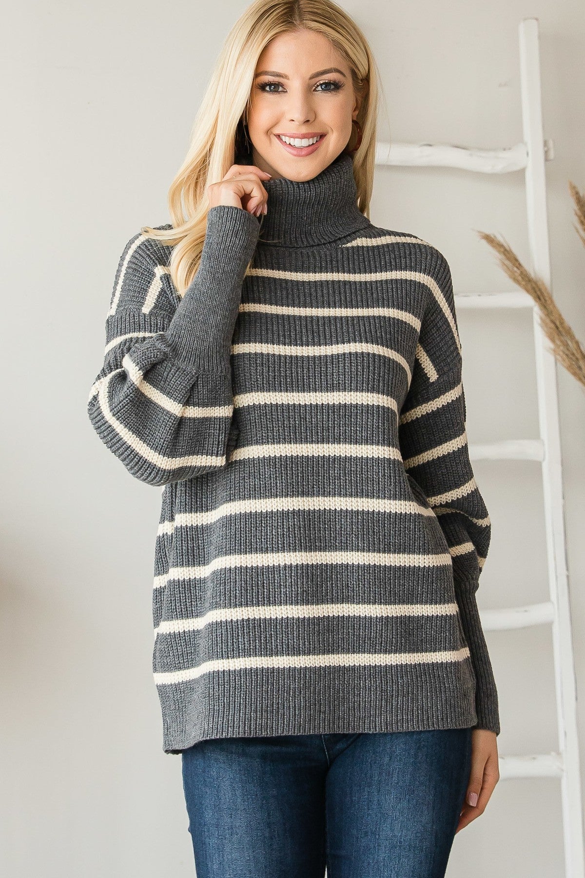 Heavy Knit Striped Turtle Neck Knit Sweater Shirts & Tops jehouze