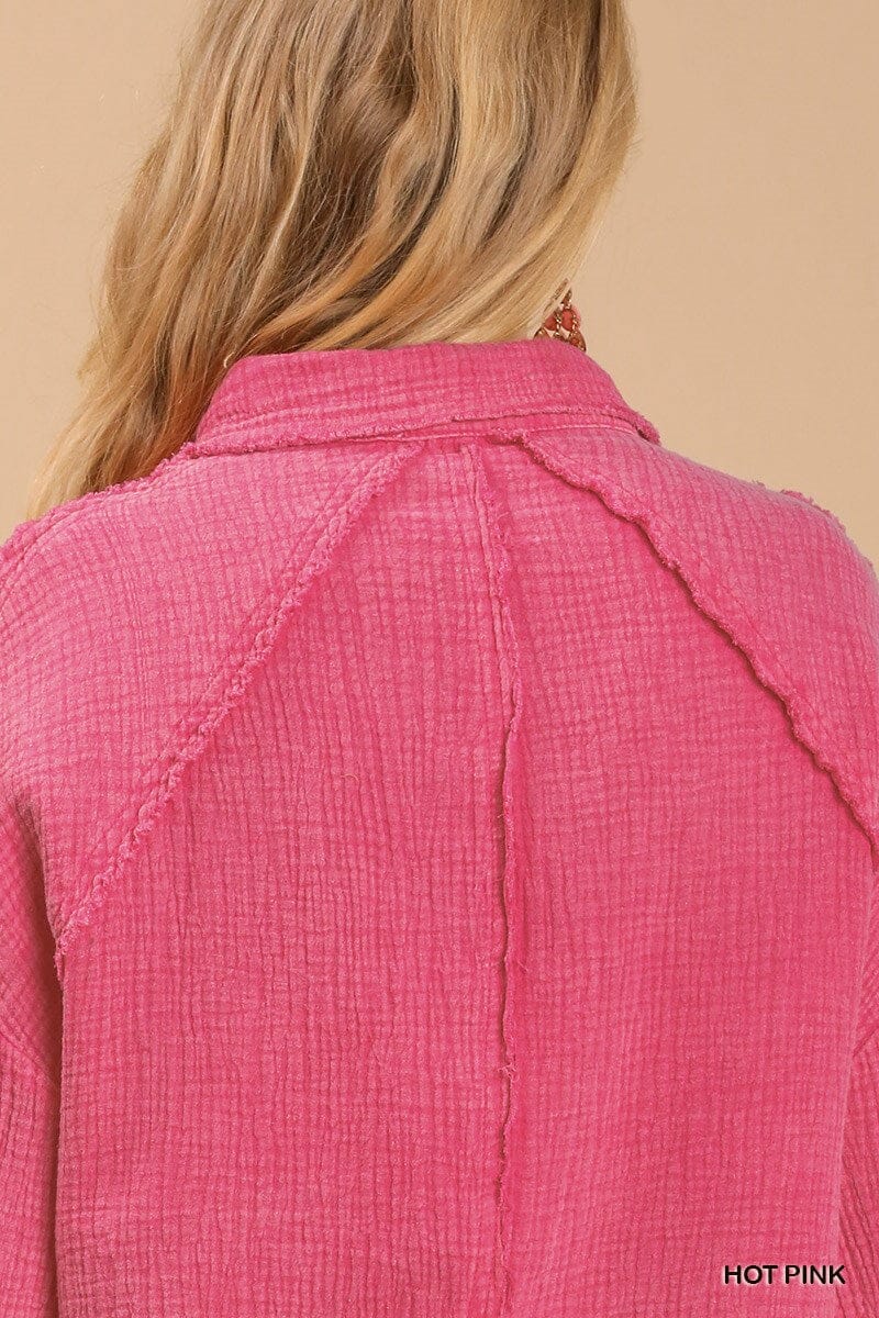 Hot Pink Mineral wash button down top with high low hem jehouze