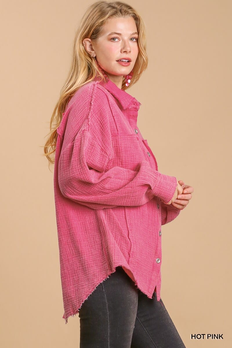 Hot Pink Mineral wash button down top with high low hem jehouze