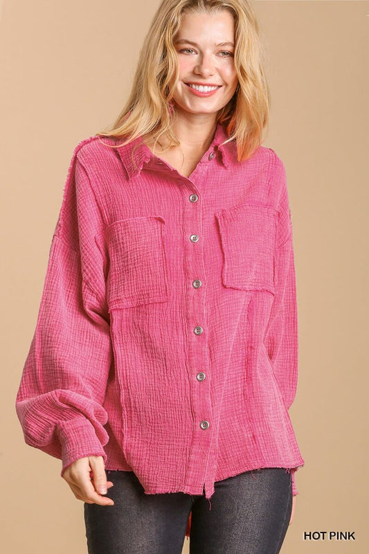 Hot Pink Mineral wash button down top with high low hem jehouze