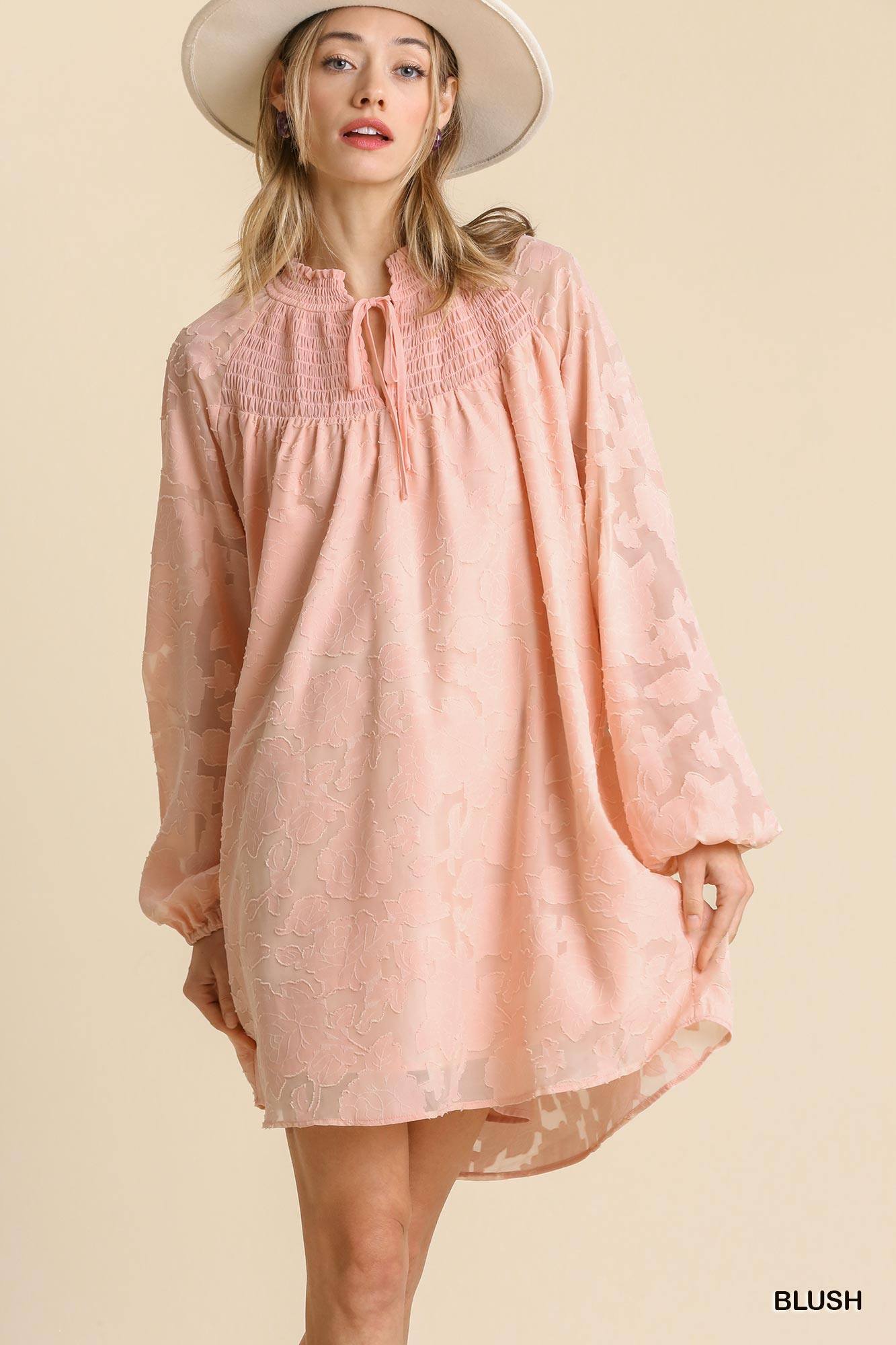 Jacquard Raglan Smocked Tie Neck Yoke Dress Dresses jehouze