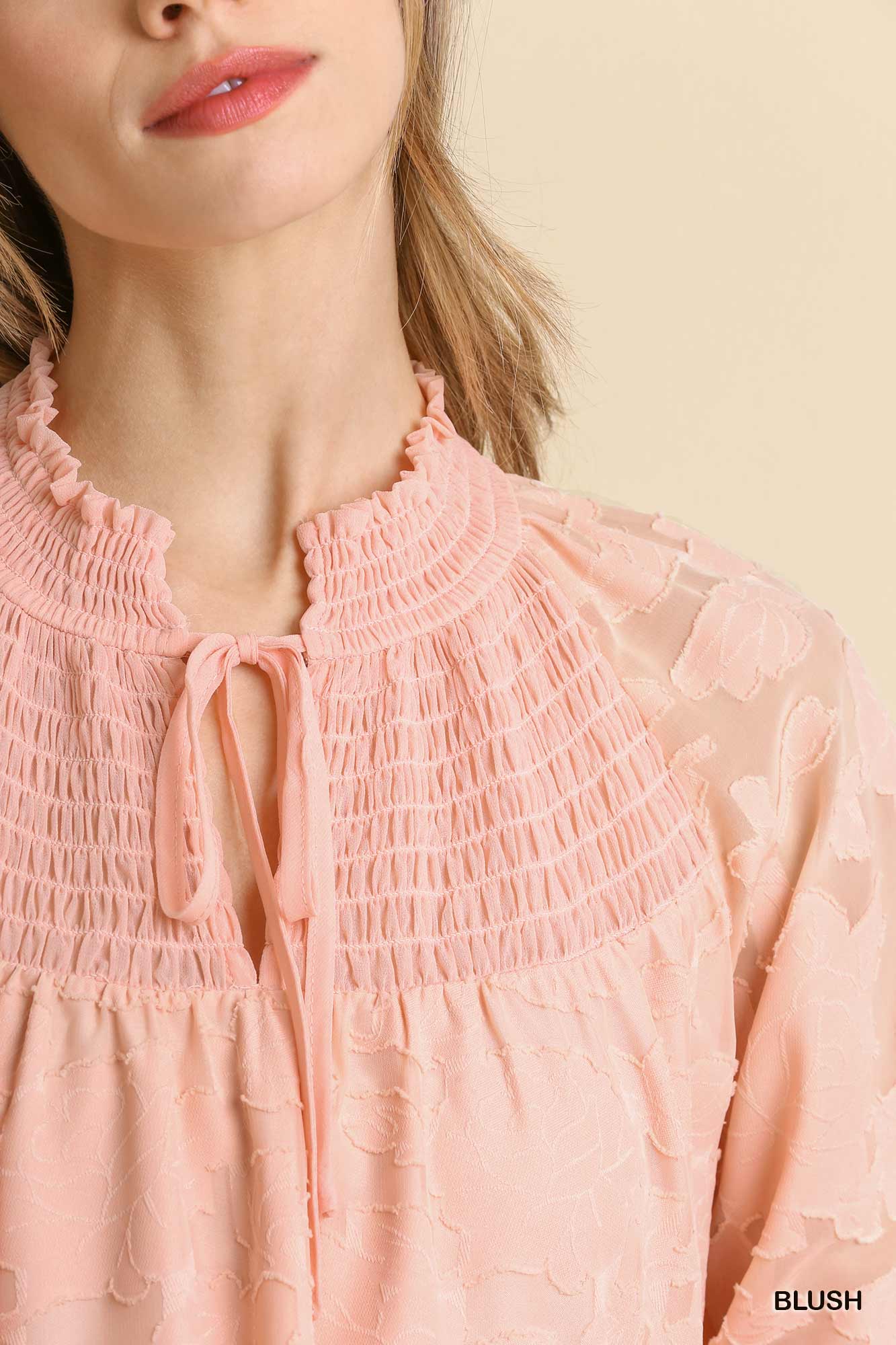 Jacquard Raglan Smocked Tie Neck Yoke Dress Dresses jehouze