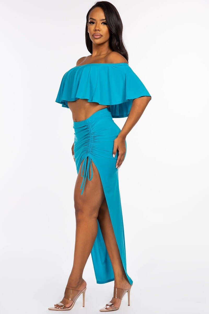 Jade Blue Off The Shoulder Ruffled Cropped Top And Ruched Maxi Skirt oufit Set Matching Sets jehouze