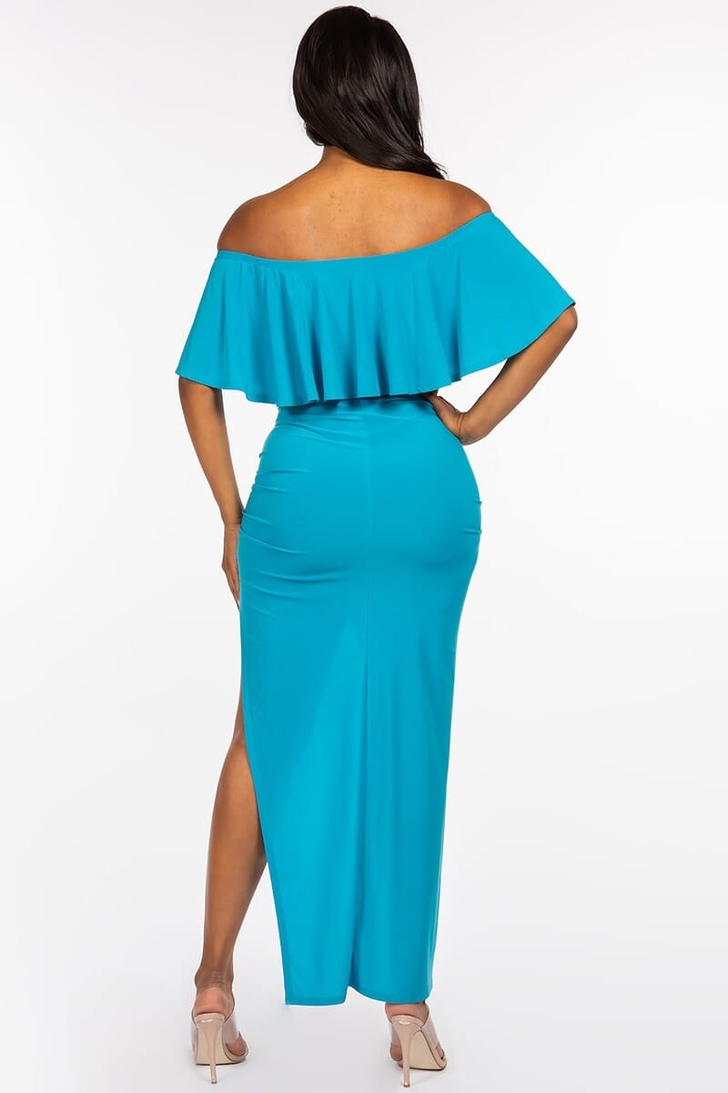 Jade Blue Off The Shoulder Ruffled Cropped Top And Ruched Maxi Skirt oufit Set Matching Sets jehouze