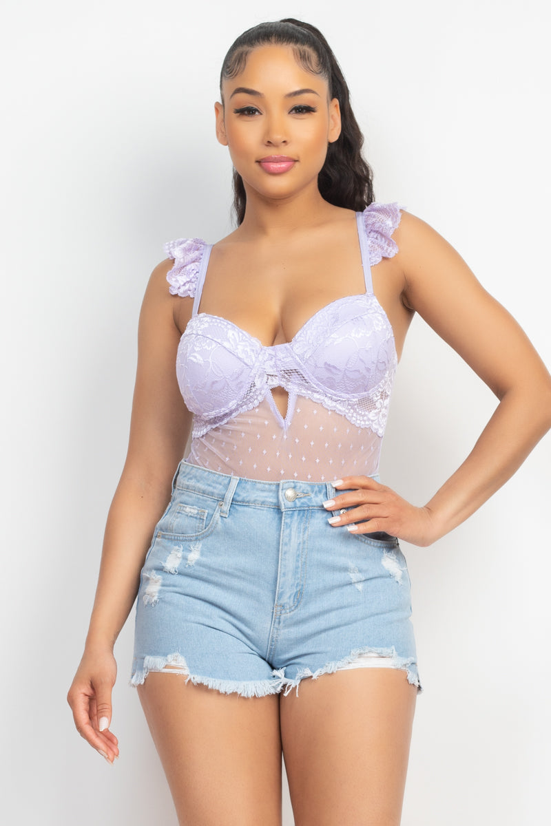 Lavender Purple Cut-out Cami Ruffled Sleeveless Lingerie See Through Mesh Bodysuit bodysuit jehouze