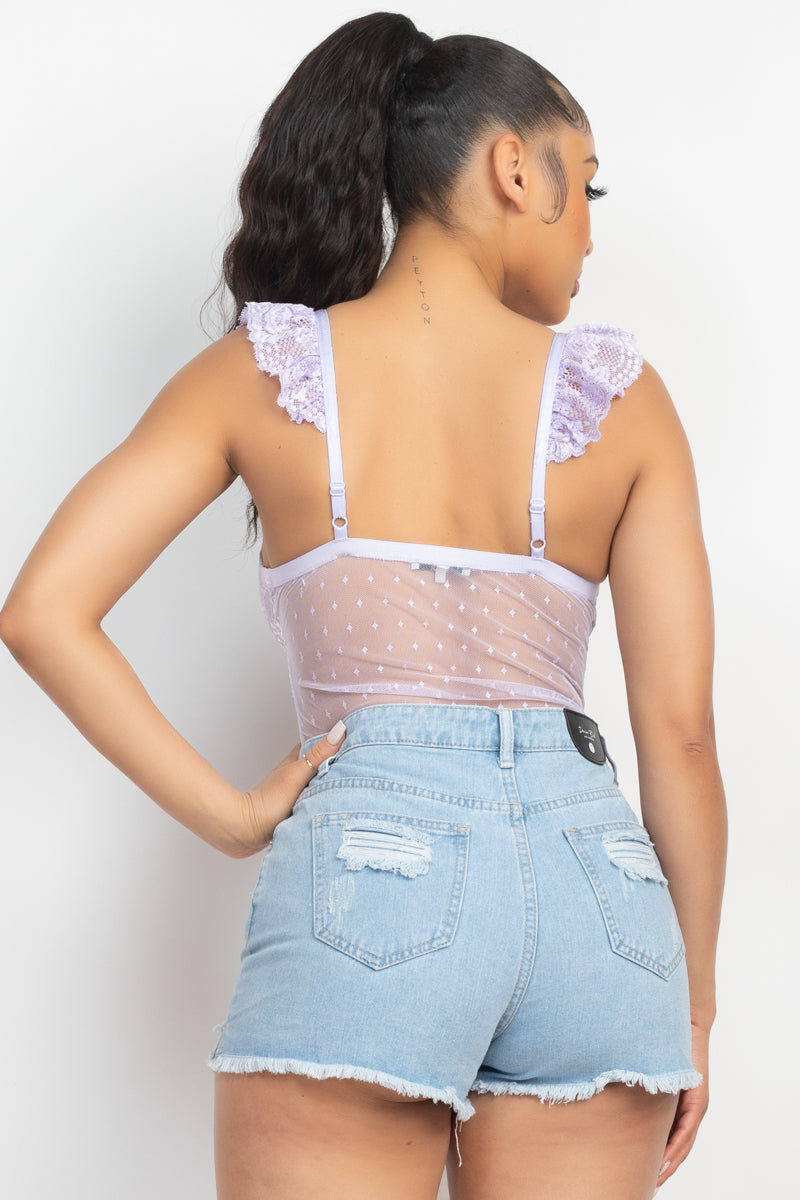 Lavender Purple Cut-out Cami Ruffled Sleeveless Lingerie See Through Mesh Bodysuit bodysuit jehouze