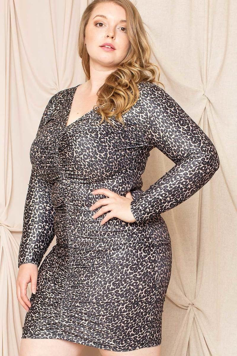 Leopard Print Shirring Plus Size Mini Dress Dresses jehouze