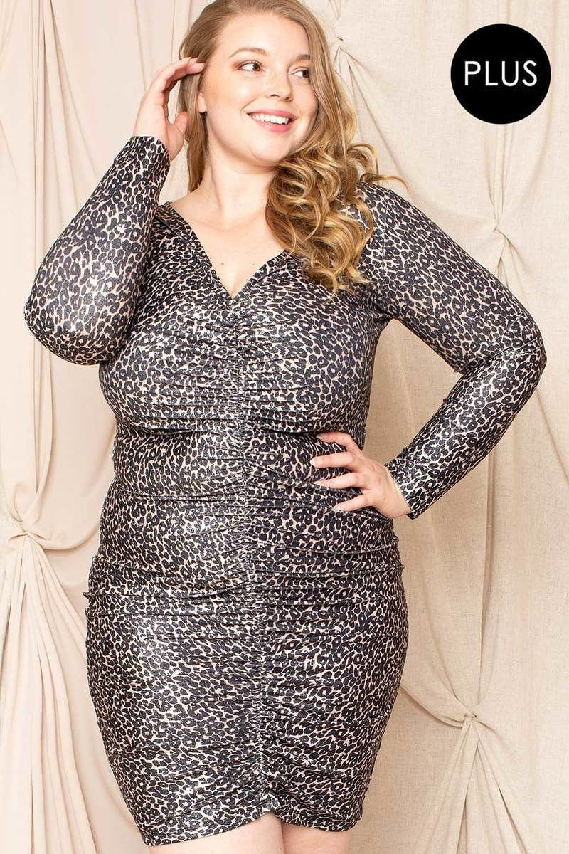 Leopard Print Shirring Plus Size Mini Dress Dresses jehouze
