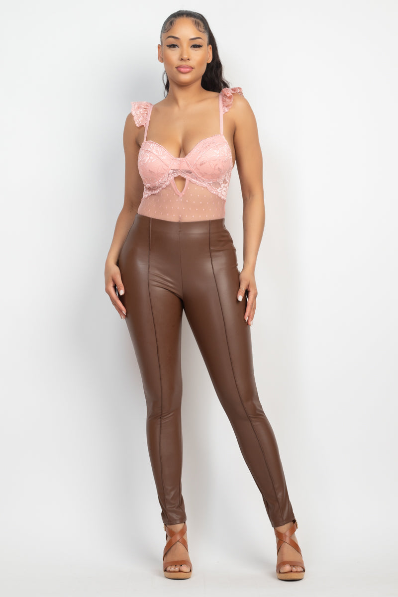 Light Peach Cut-out Cami Ruffled Sleeveless Lingerie See Through Mesh Bodysuit bodysuit jehouze
