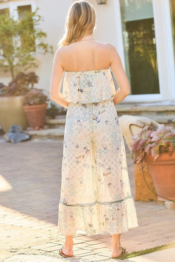 Light Sage Green Tube Top With Tier Ruffle Waist Elastic Bottom Lace Trim Jumpsuit Jumpsuits & Rompers jehouze