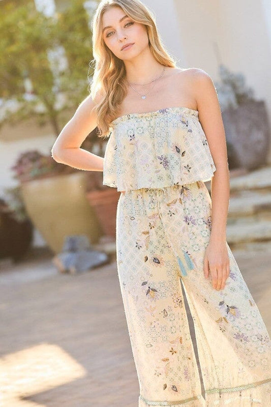 Light Sage Green Tube Top With Tier Ruffle Waist Elastic Bottom Lace Trim Jumpsuit Jumpsuits & Rompers jehouze