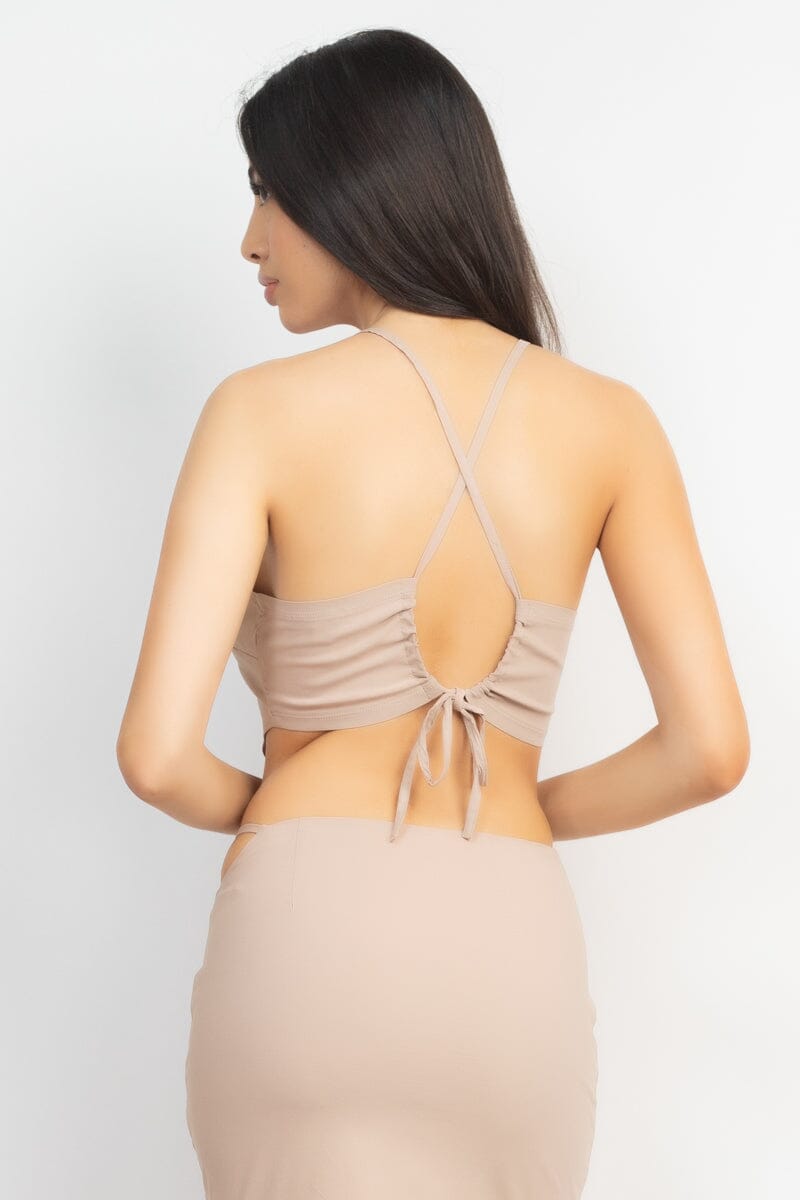 Light Taupe Asymmetrical Cross Back Top & Skirts Set Matching Sets jehouze