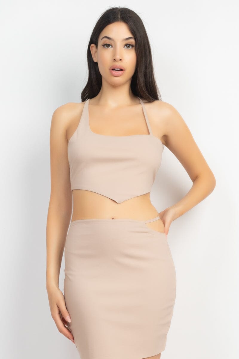 Light Taupe Asymmetrical Cross Back Top & Skirts Set Matching Sets jehouze