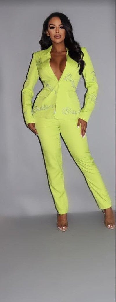 Lime Green Rhinestone letterings Long Sleeve blazer and pant set Outfit Sets jehouze