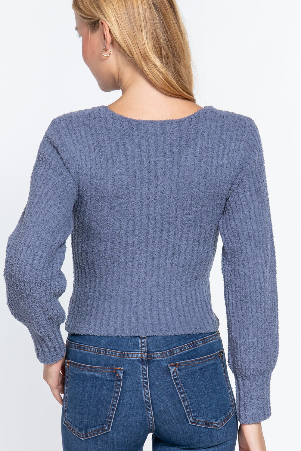 Long Puff Slv V-neck Rib Sweater Shirts & Tops jehouze