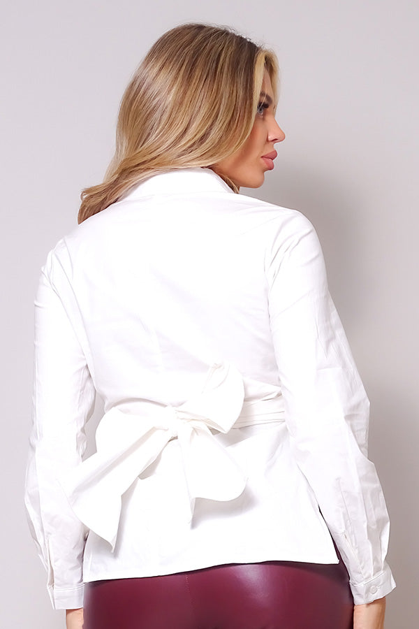 Long Sleeve Crossed Front Back Tie Button Down Cropped White Shirt Shirts & Tops jehouze