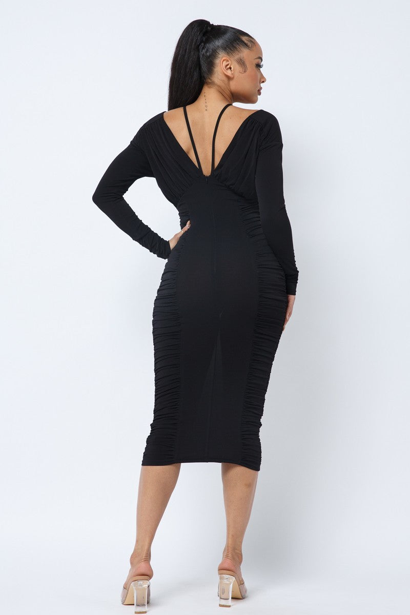 Long Sleeve Midi Dress With Low V Neck Front And Back With Ruching On Sides And Chest Dresses jehouze
