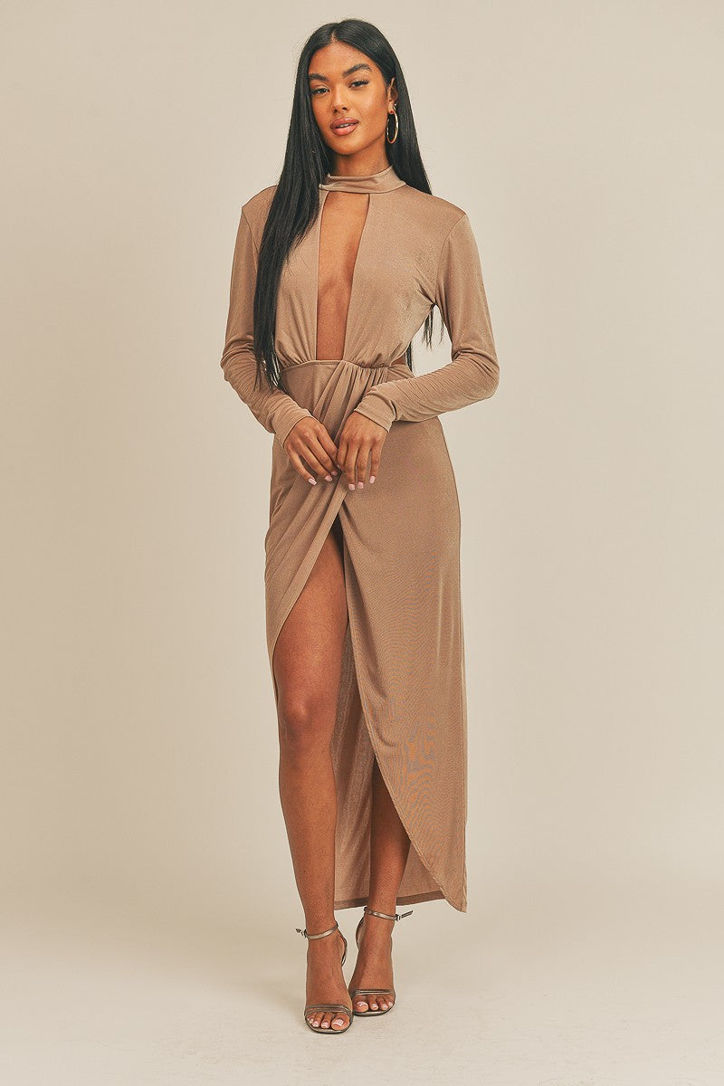 Long Sleeve Pecan Brown Plunging Neck Maxi Dress Dresses jehouze
