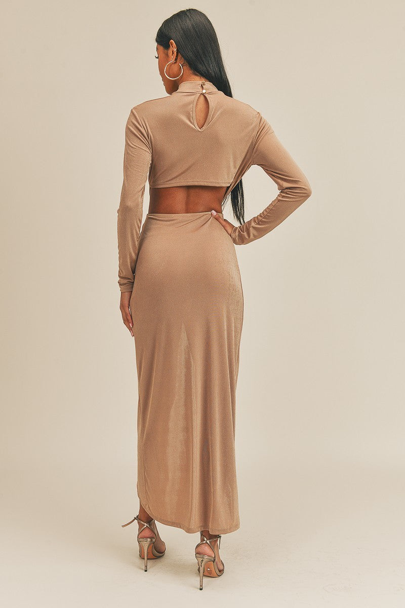 Long Sleeve Pecan Brown Plunging Neck Maxi Dress Dresses jehouze