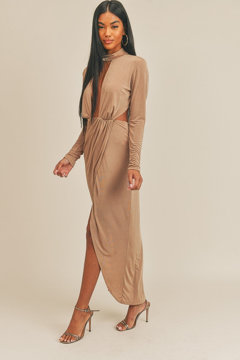 Long Sleeve Pecan Brown Plunging Neck Maxi Dress Dresses jehouze