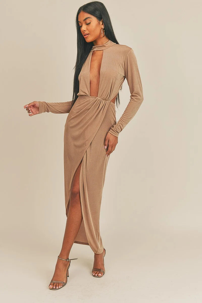 Long Sleeve Pecan Brown Plunging Neck Maxi Dress Dresses jehouze