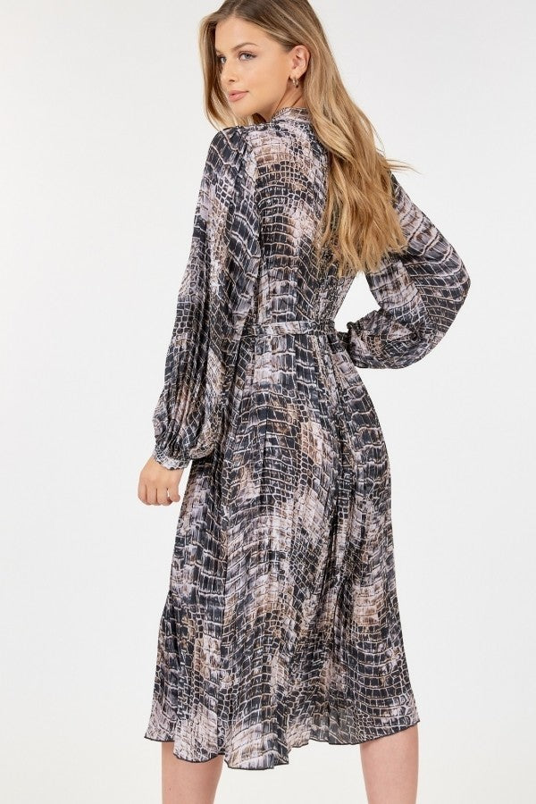 Long Sleeve Pleated Snake Skin Print Midi Dress Dresses jehouze