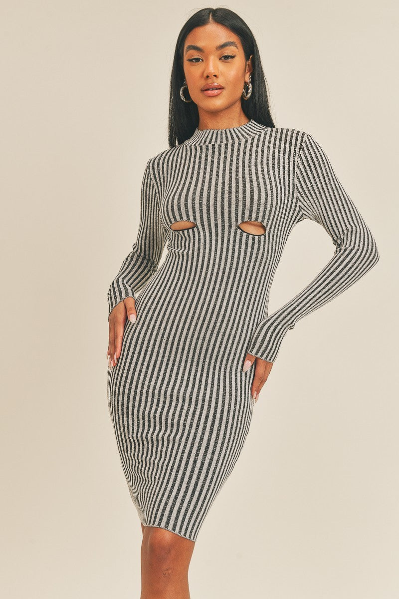 Long Sleeve Stripe Print Midi Dress Dresses jehouze