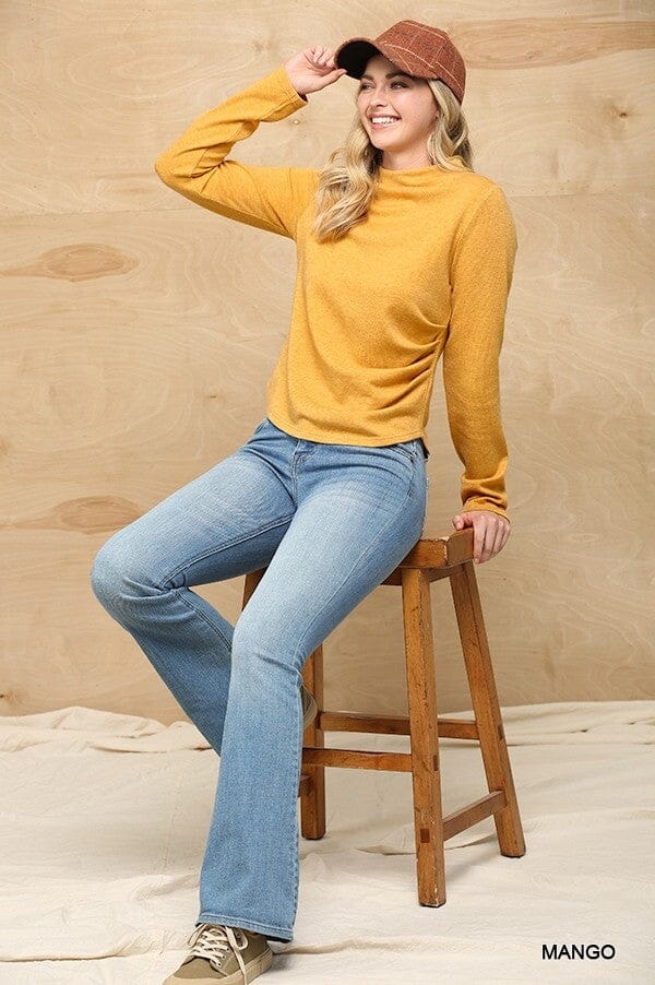 Mango Yellow Soft Knit Mock Neck Side Ruched Long Sleeve Top jehouze