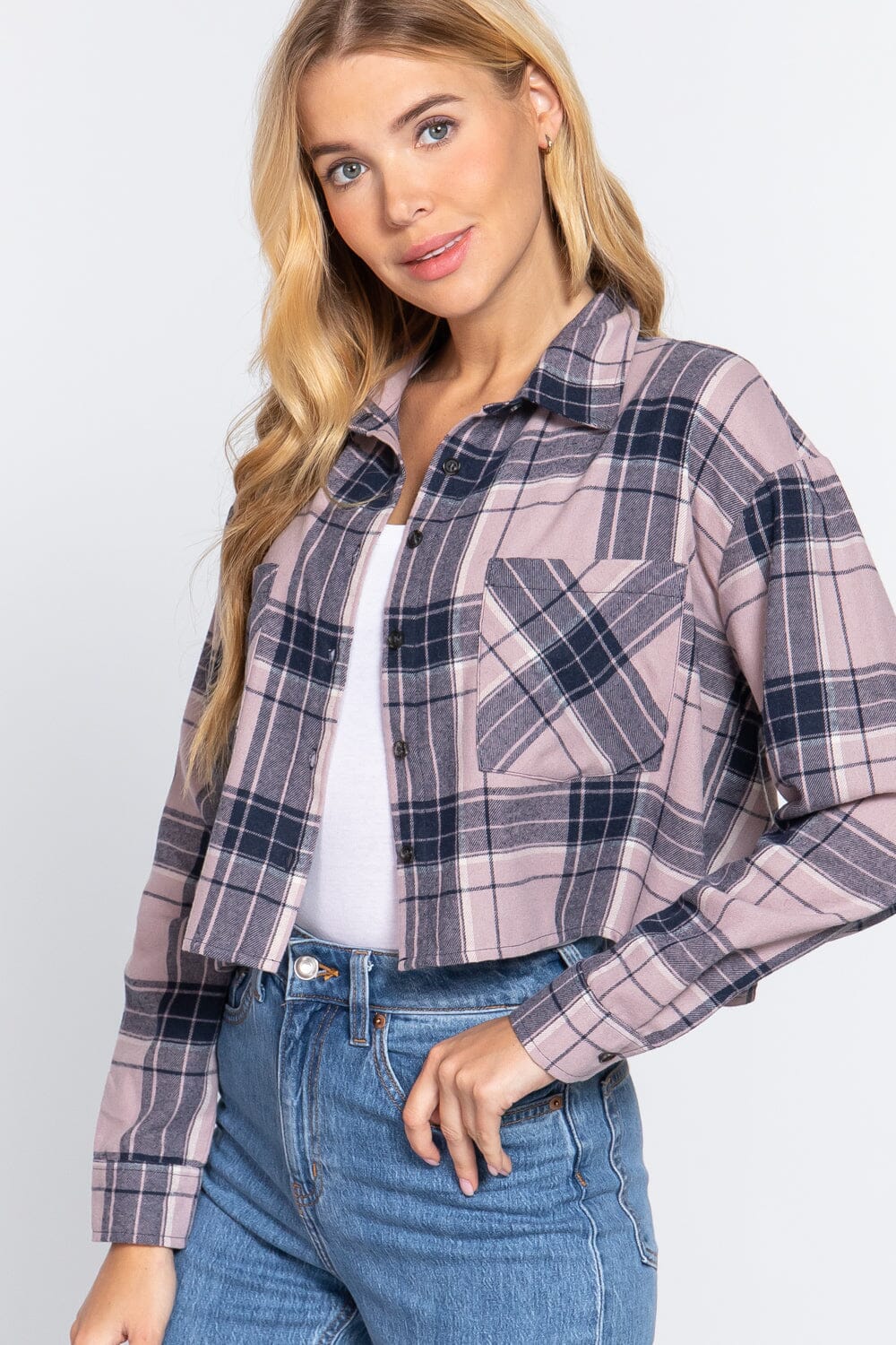 Mauve Navy Cute Color Long Sleeve Crop Tops Plaid Button Down Blouse Shirts & Tops jehouze