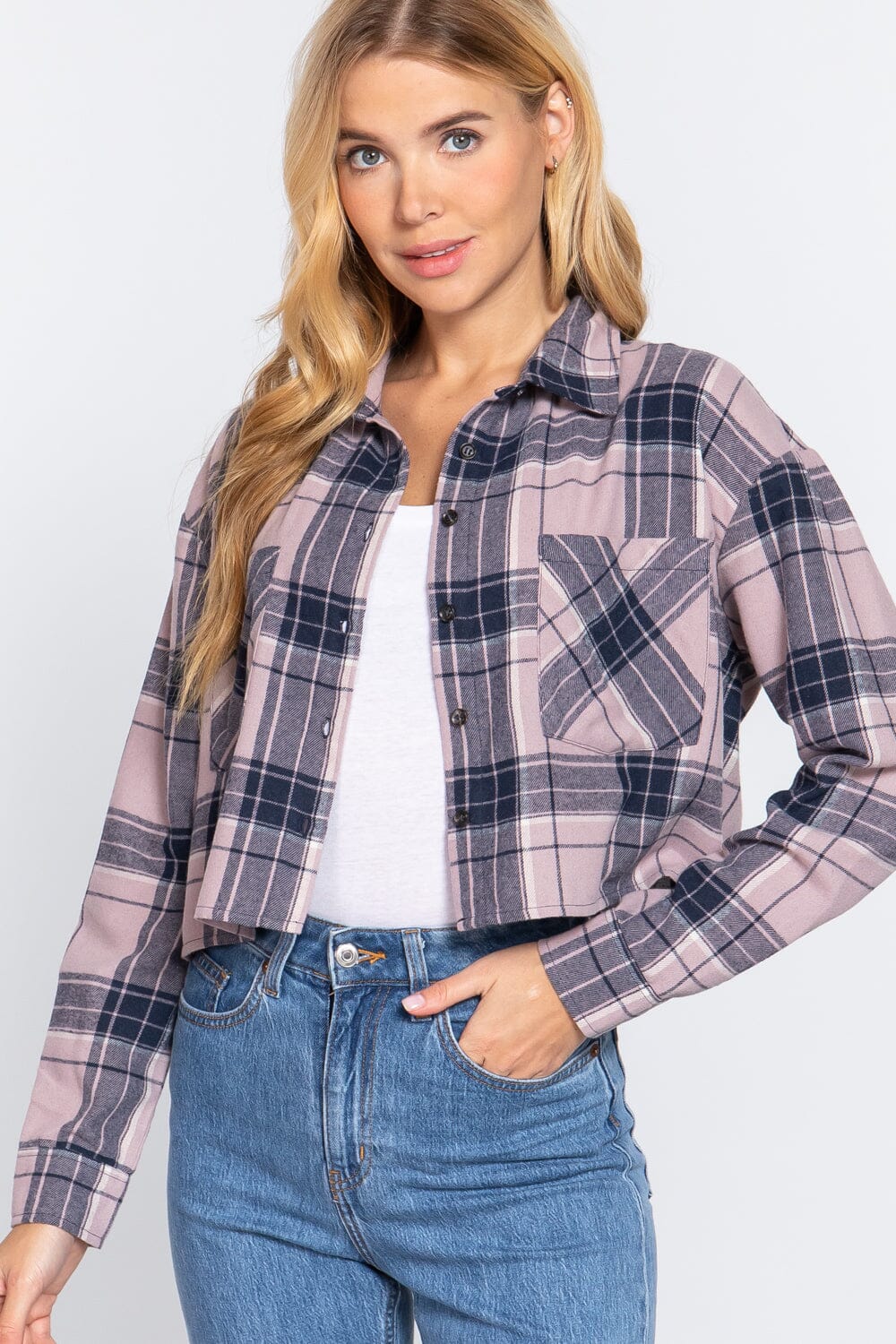 Mauve Navy Cute Color Long Sleeve Crop Tops Plaid Button Down Blouse Shirts & Tops jehouze