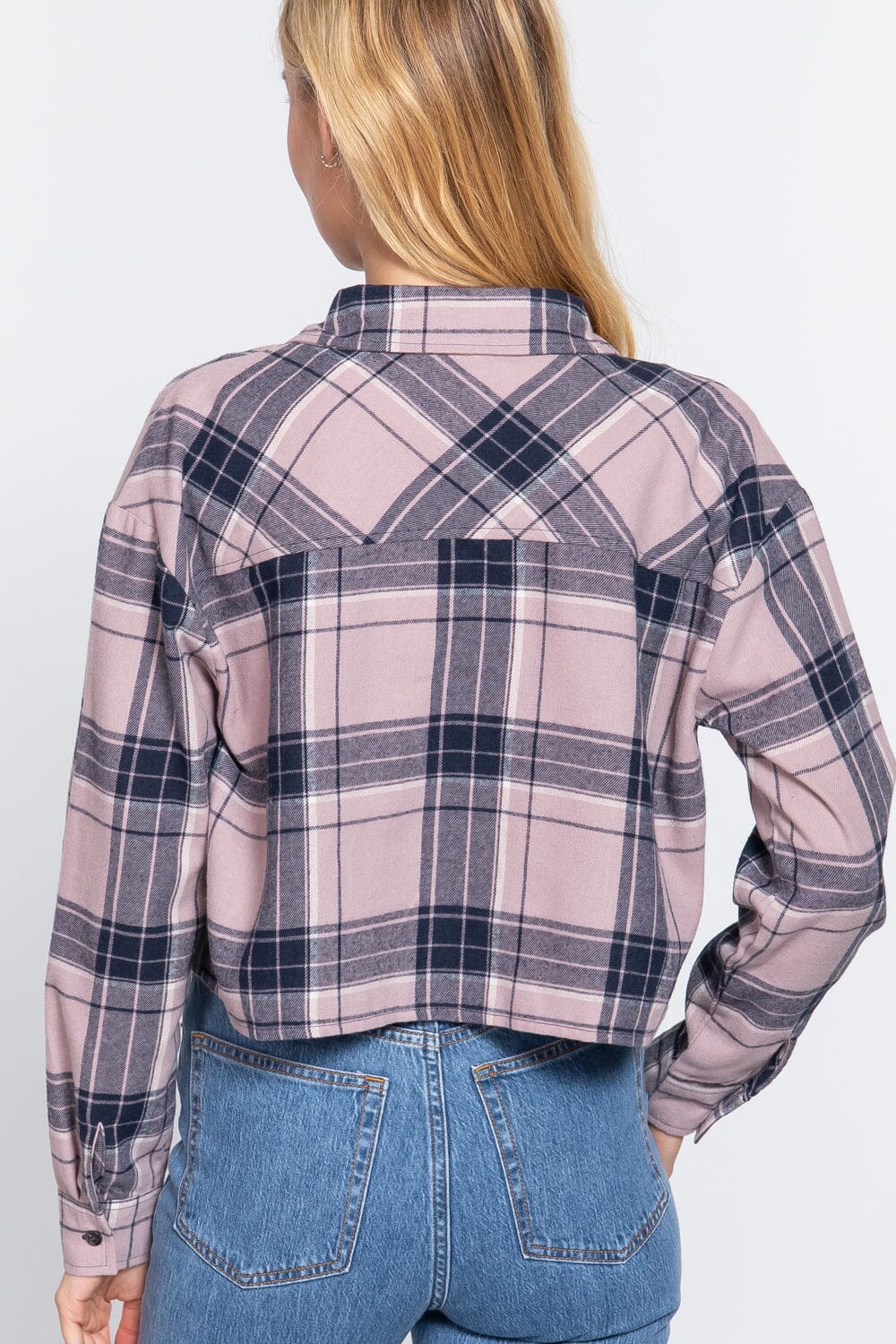 Mauve Navy Cute Color Long Sleeve Crop Tops Plaid Button Down Blouse Shirts & Tops jehouze