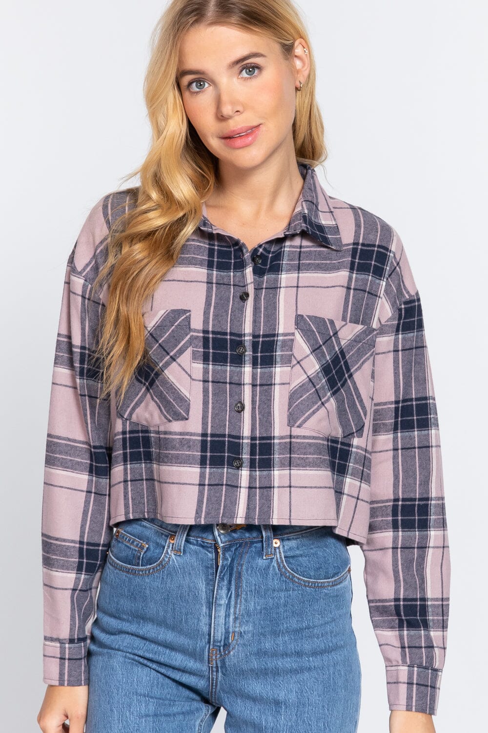Mauve Navy Cute Color Long Sleeve Crop Tops Plaid Button Down Blouse Shirts & Tops jehouze