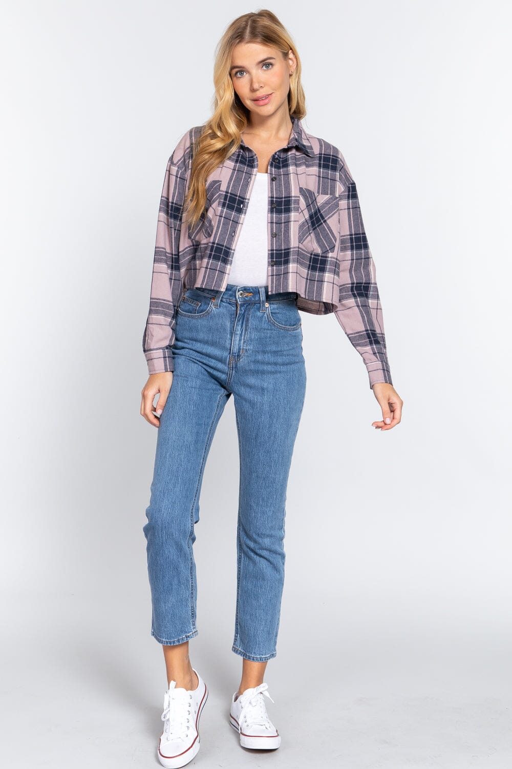 Mauve Navy Cute Color Long Sleeve Crop Tops Plaid Button Down Blouse Shirts & Tops jehouze